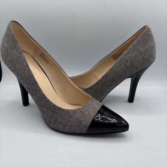 Nine West Gimmelo Heels 10 Tweed Black Patent Stiletto Pointed Toe Dressy - Picture 1 of 12